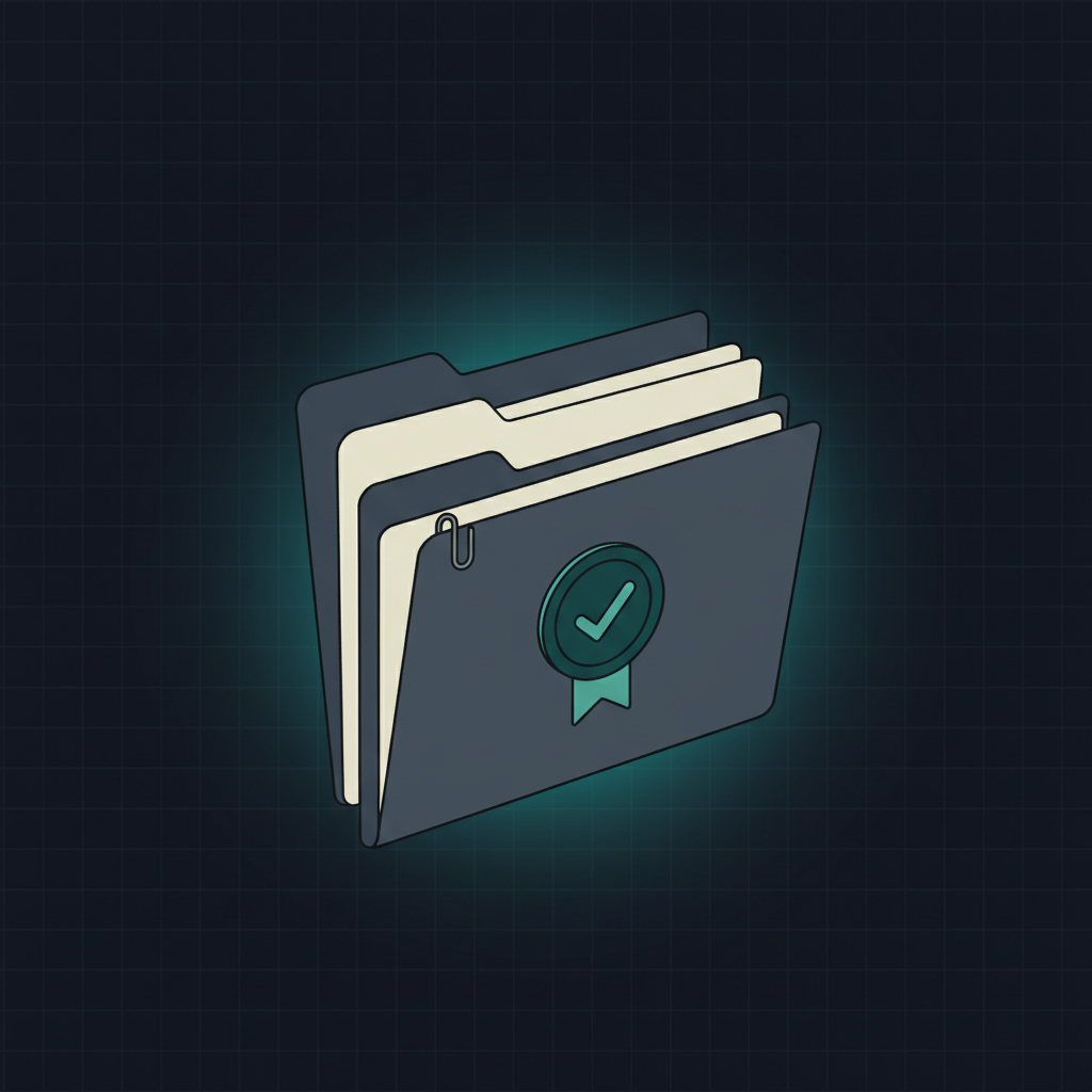 Illustrated stack of document folders with a teal approval seal, representing Evan's underwriting role